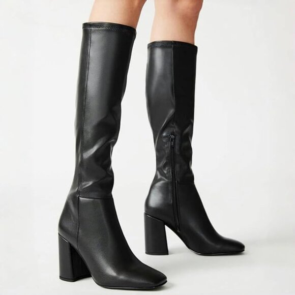 Women's Knee High Boots Faux Leather Square To Tall Boots Fashion Chunky Block H - Picture 1 of 3